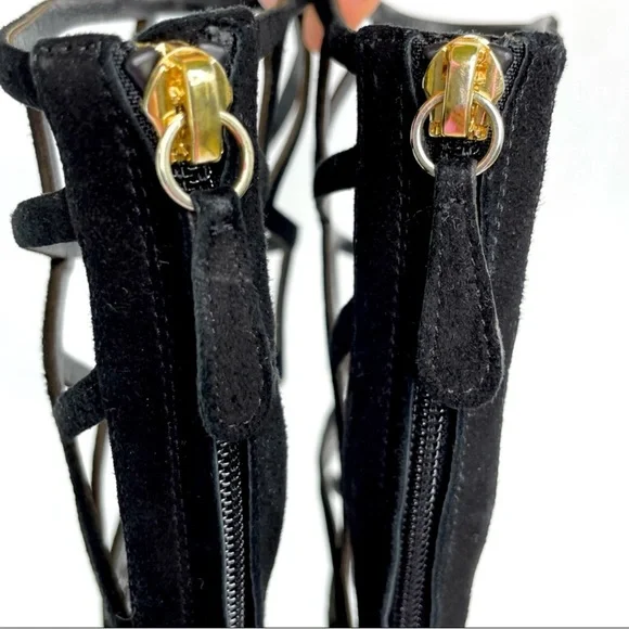 DSQUARED Black Strappy Geometric Knee-High Heeled Boots - Picture 7 of 10